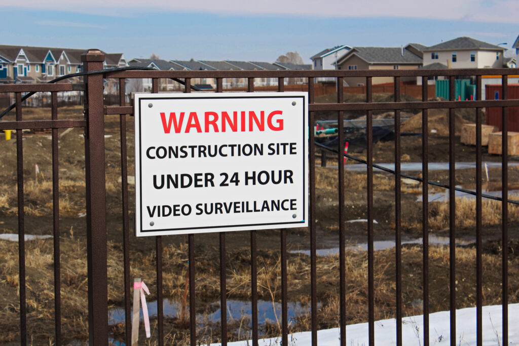 Why the 'First 10 Feet' of Your Construction Site Perimeter Security Rules Criminal Behavior A warning sign on a gate for a construction site construction site perimeter security